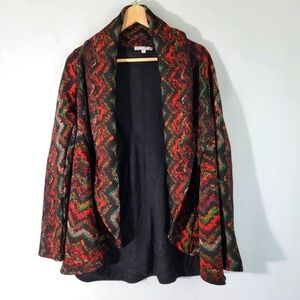 ALBERTO MAKALI Women's Open Front Cardigan Sz L Red Multi Wool Blend Chevron